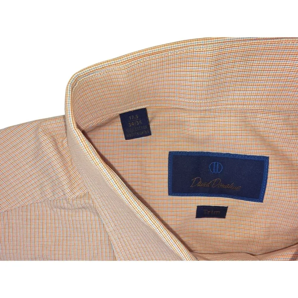 David Donahue Mens 17.5 34/35 XL Trim Fit  pink Blue Plaid